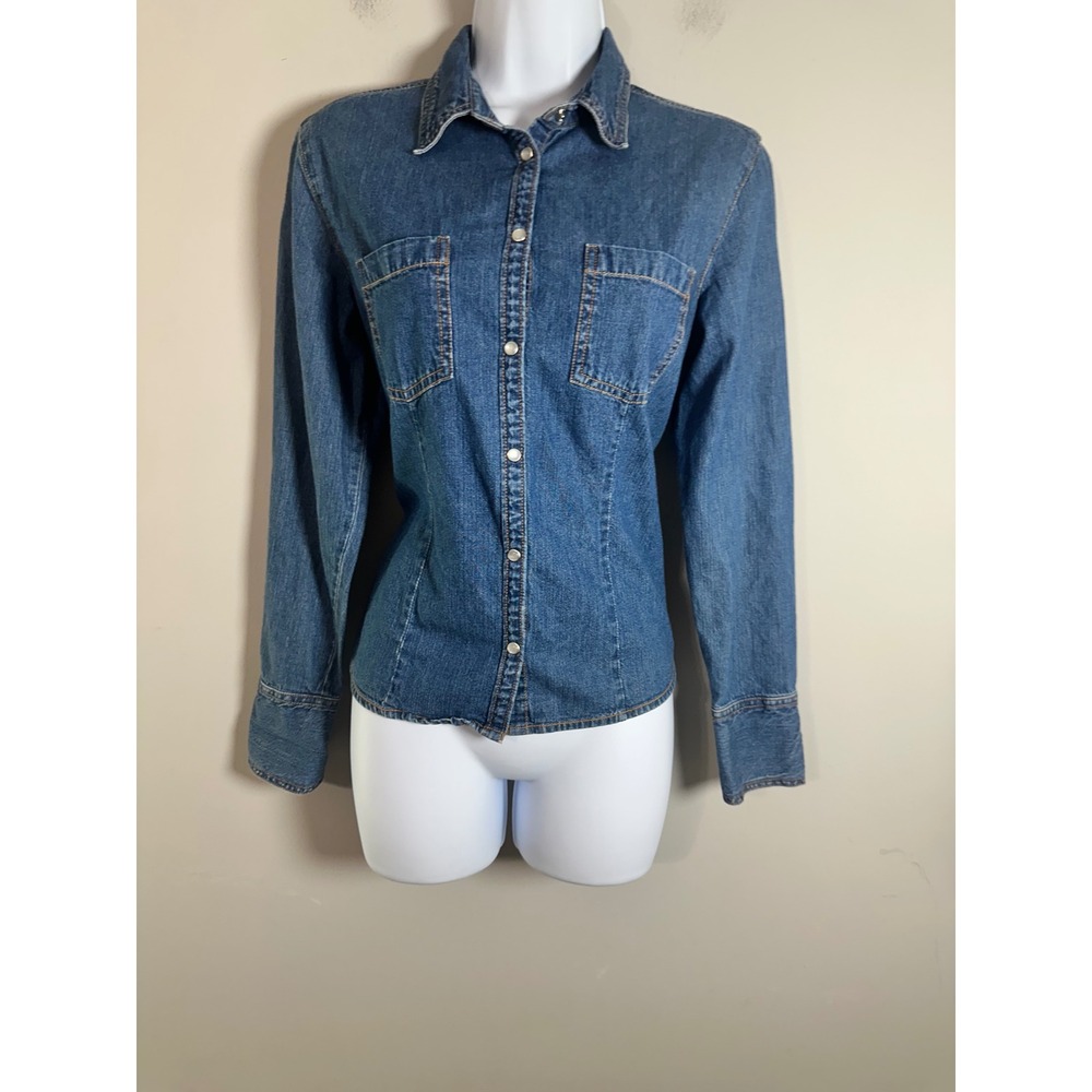 Mountain Lake Womens Medium Blue Denim Western Pearl Snap Long Sleeve Shirt